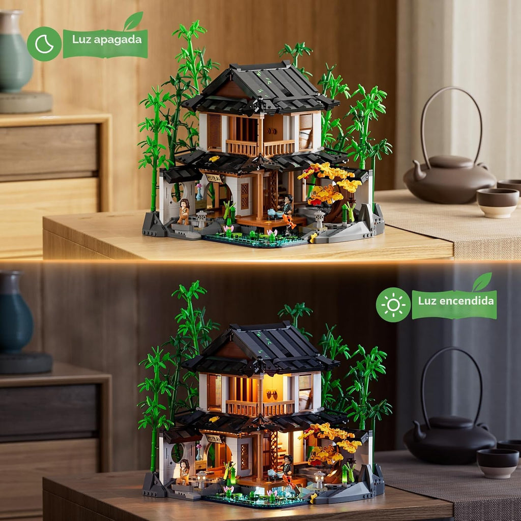 Lumibricks Set de construcción de casa de bambú con iluminación - Colección de cabaña china retro y casa en el árbol con luz LED, 2432 piezas para adultos y coleccionistas de casas retro