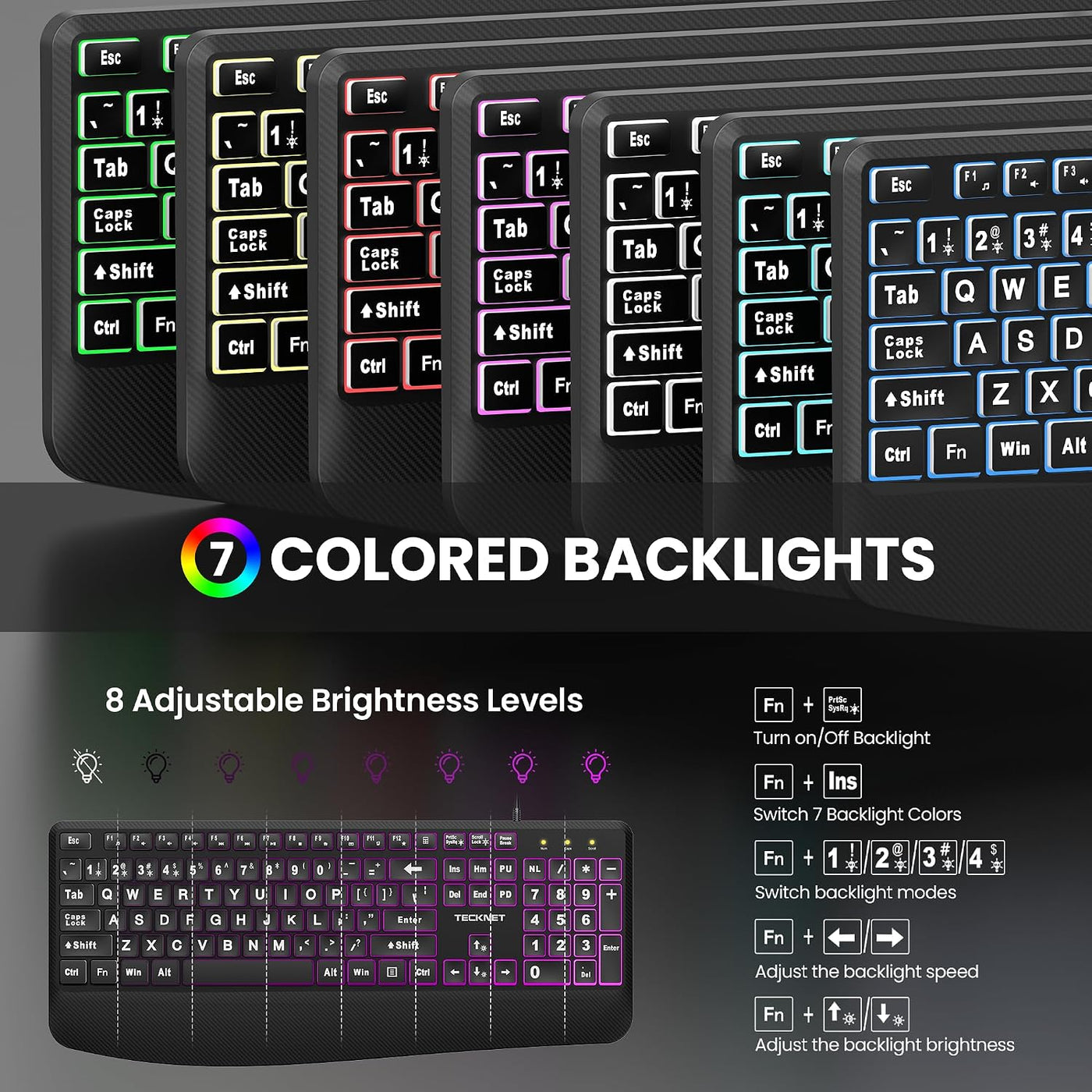 TECKNET Teclado retroiluminado de impresión grande, teclado de comp...