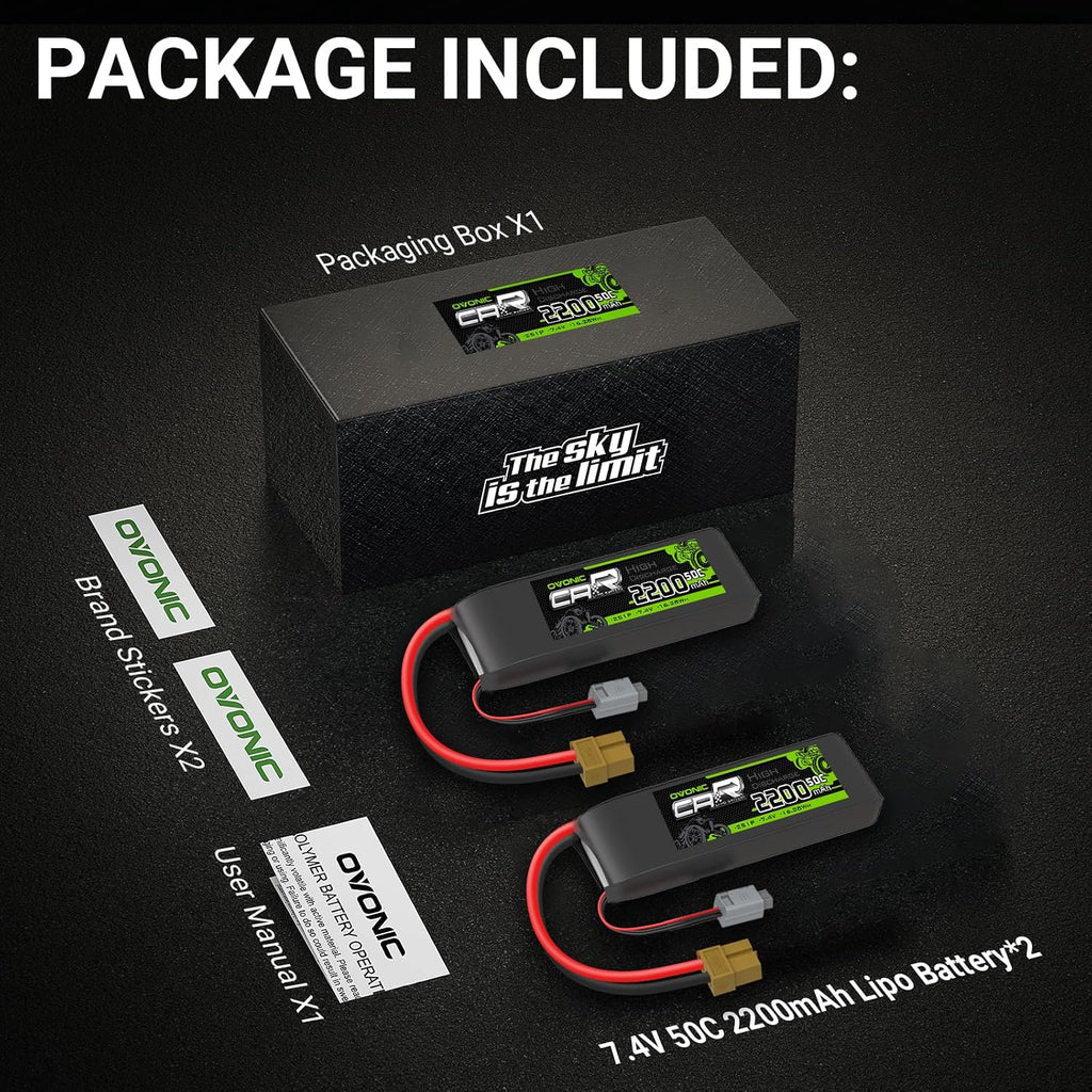 OVONIC 7,4V Lipo 2200 mAh 50C 2S Batería Lipo con enchufe XT60+TRA...