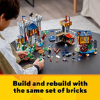 LEGO Creator 3 en 1 - Juguete de castillo medieval que se transforma de castillo a torre en mercado, incluye figura de esqueleto y dragón, con 3 minifiguras y catapulta, 31120