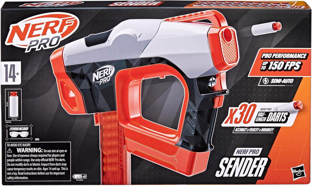 Nerf Pro Sender - Lanzador de dardos semiautomático de longitud media, 150 FPS, 30 dardos Nerf Pro de longitud media, cargador de 15 dardos, lentes, regalos para adolescentes, mayores de 14 años
