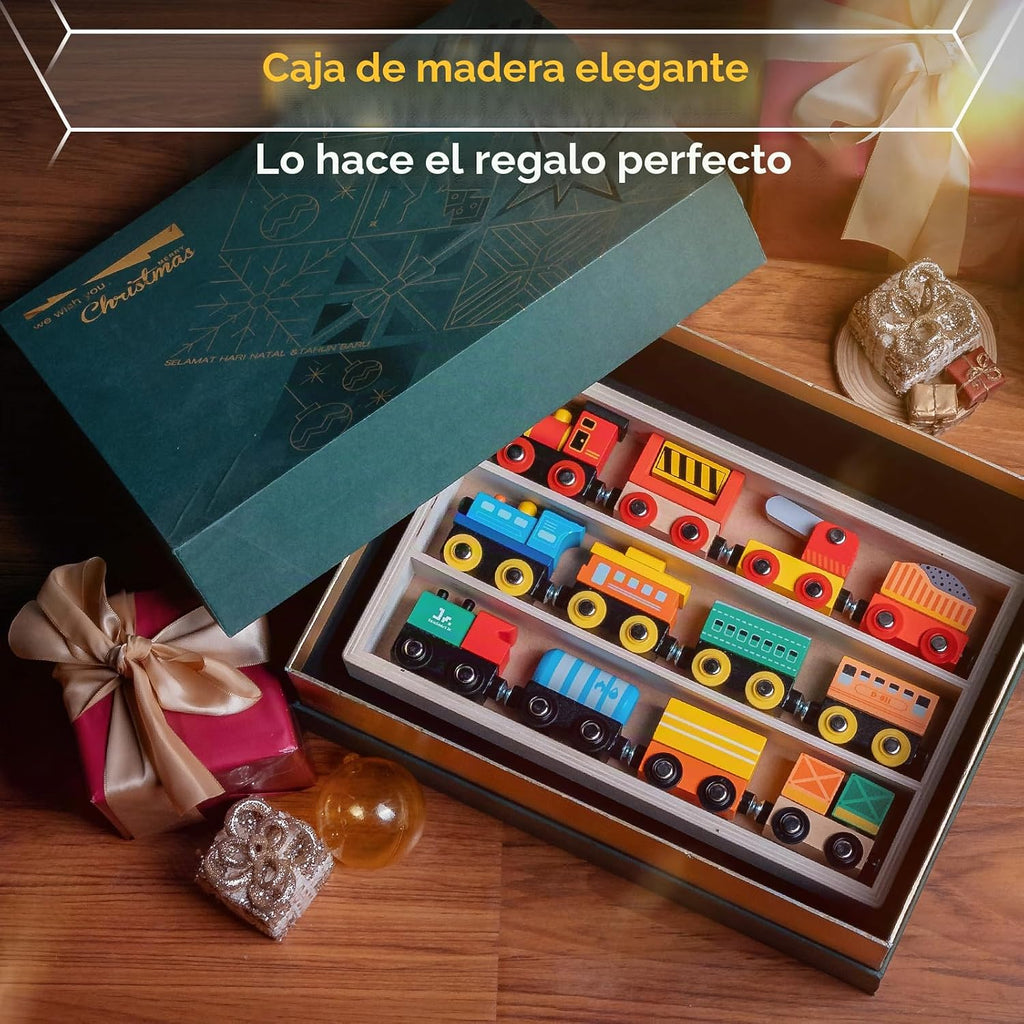 SainSmart Jr. Juego de Tren de Madera de 12 Piezas - Juguetes de Tren con Caja de Almacenamiento, Trenes de Juguete Magnéticos Compatibles con Todas las Principales Marcas, Regalo para Niños Pequeños