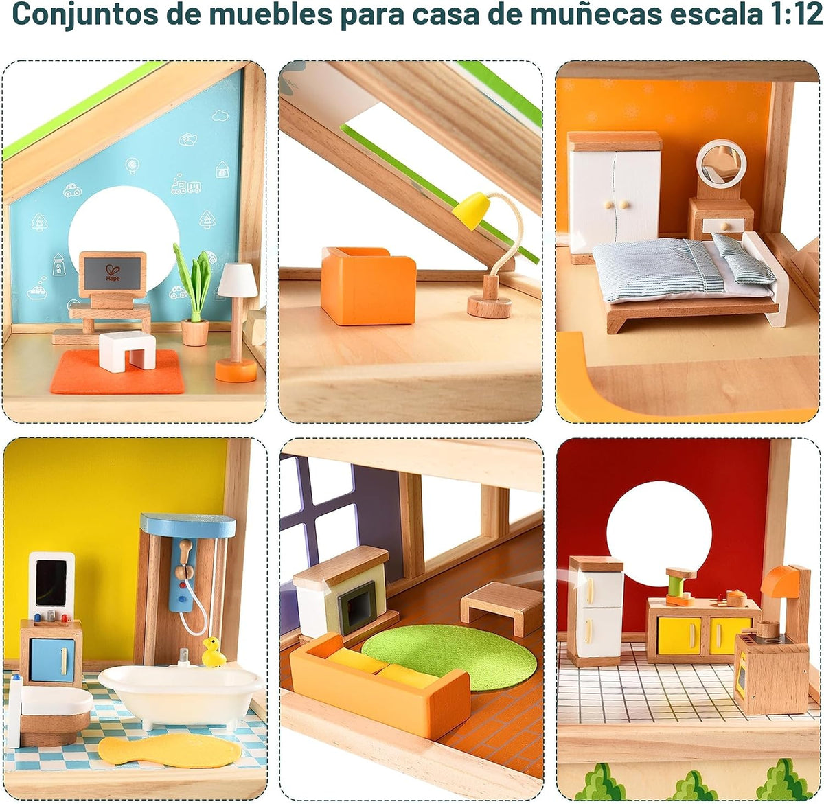 Casa de muñecas de madera "All seasons" amoblada con accesorios para niños de Hape