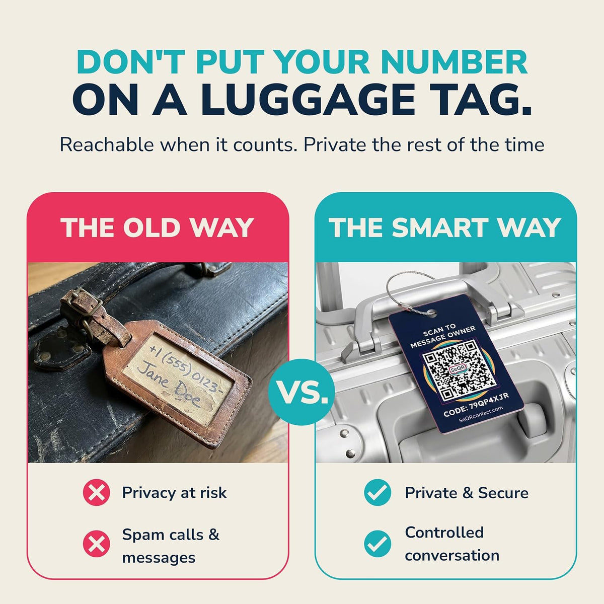Etiqueta inteligente para equipaje – Etiquetas de privacidad con código QR para maletas de viaje, paquete de 2 unidades, color azul marino