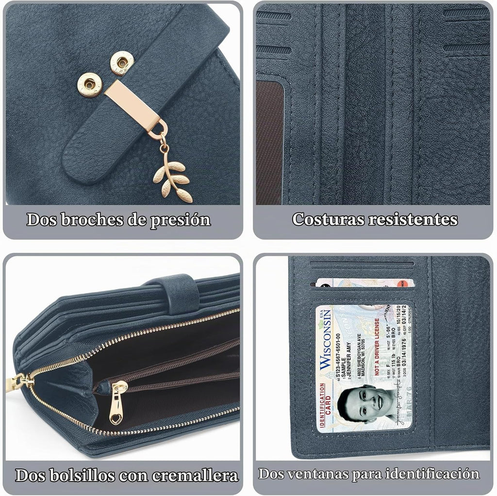 Cartera triple con bloqueo RFID para mujer, tarjetero de cuero PU