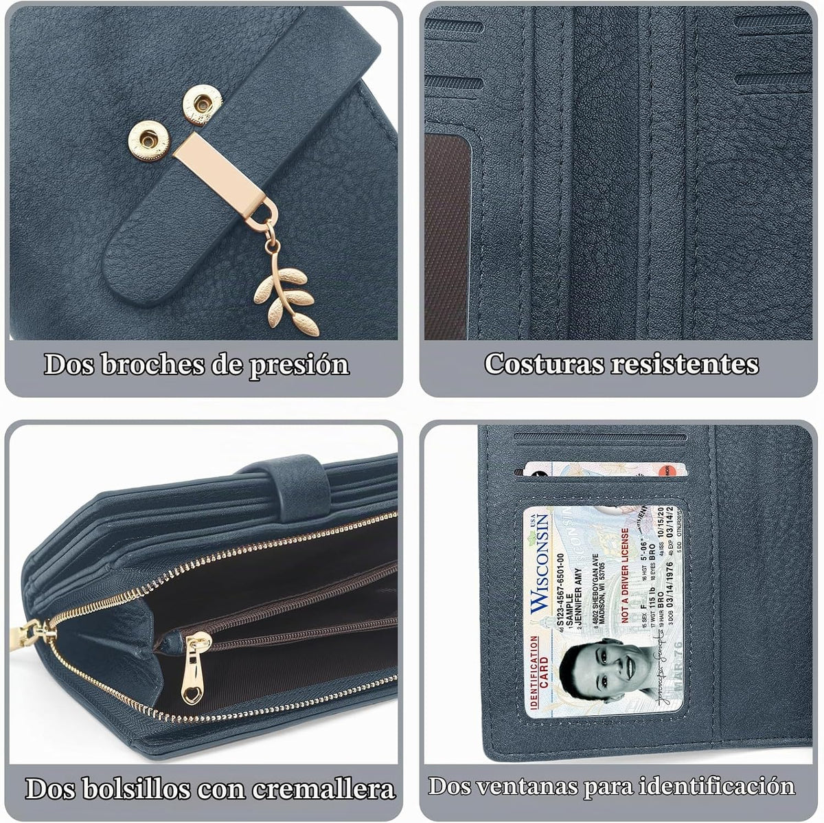 Cartera triple con bloqueo RFID para mujer, tarjetero de cuero PU