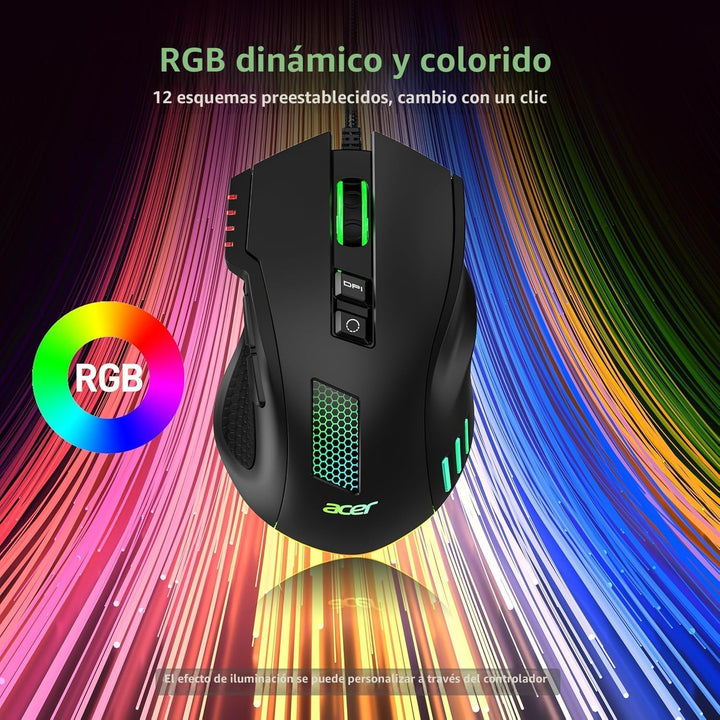 acer Ratón para juegos con cable, mouse ergonómico RGB de 12,800 DP...