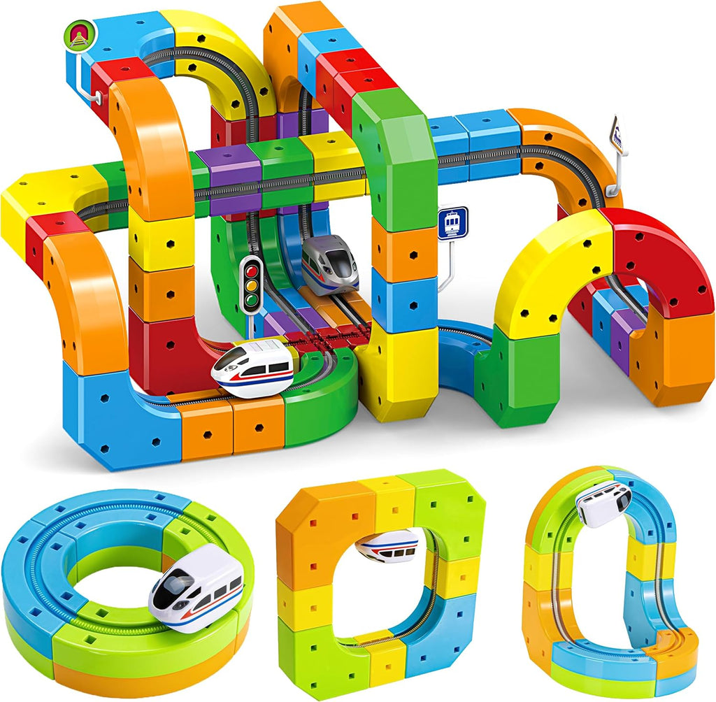 Juego de tren eléctrico para niños de 3 a 8 años – Juguete modular 3D flexible de construcción de pista de carreras con movimiento de 360° que desafía la gravedad, regalo divertido de aprendizaje STEM