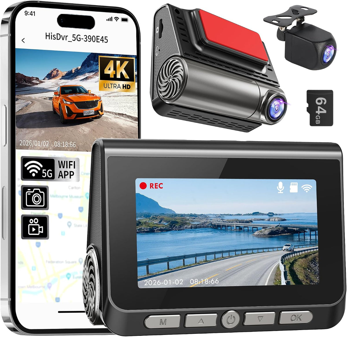 Dash Cam, cámara frontal y trasera 4K+2K Full HD para automóvil con 5G WiFi integrado, pantalla IPS de 3.0 pulgadas, incluye tarjeta de 64 GB, visión nocturna, grabación en bucle