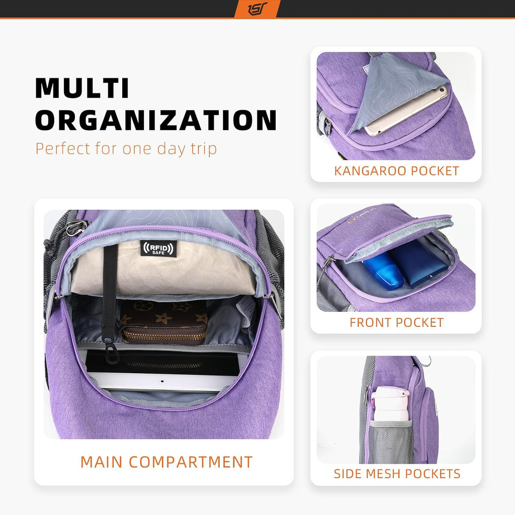 SKYSPER - Mochila cruzada con bloqueo RFID, mochila de bandolera, mochila para el hombro, mochila de viaje y senderismo, para mujeres y hombres, Púrpura, Casual