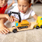 Melissa & Doug Juego de vehículos de madera para remolque y excavadora (3 piezas)