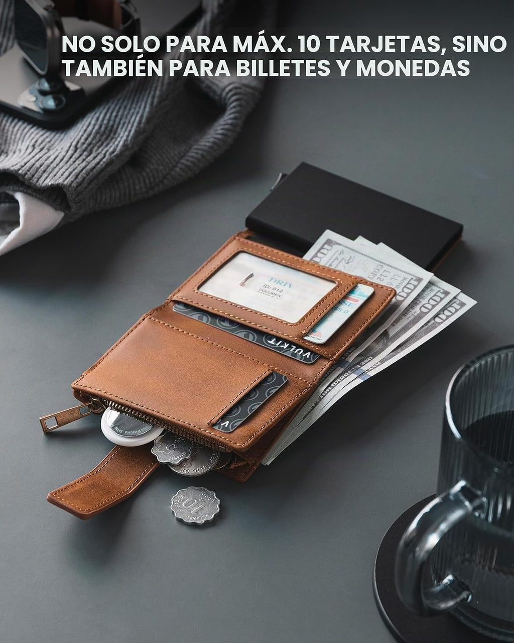 VULKIT - Cartera para hombre con protección RFID con cadena, color marrón