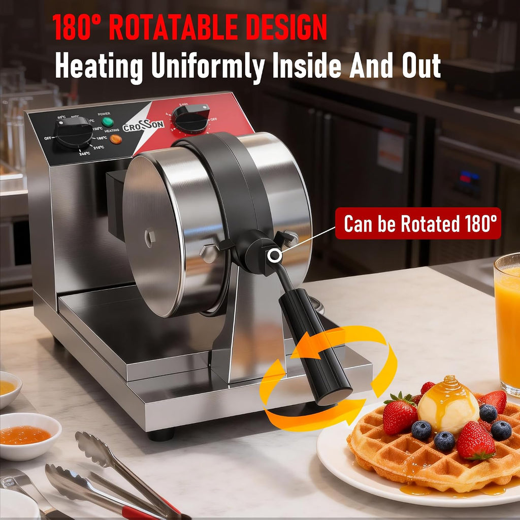 CROSSON Commercial Waffle Maker, Profesional redonda para gofres belgas, giratoria 180°, placas antiadherentes, control de temperatura y tiempo para restaurantes y panaderías, 120V/1300W