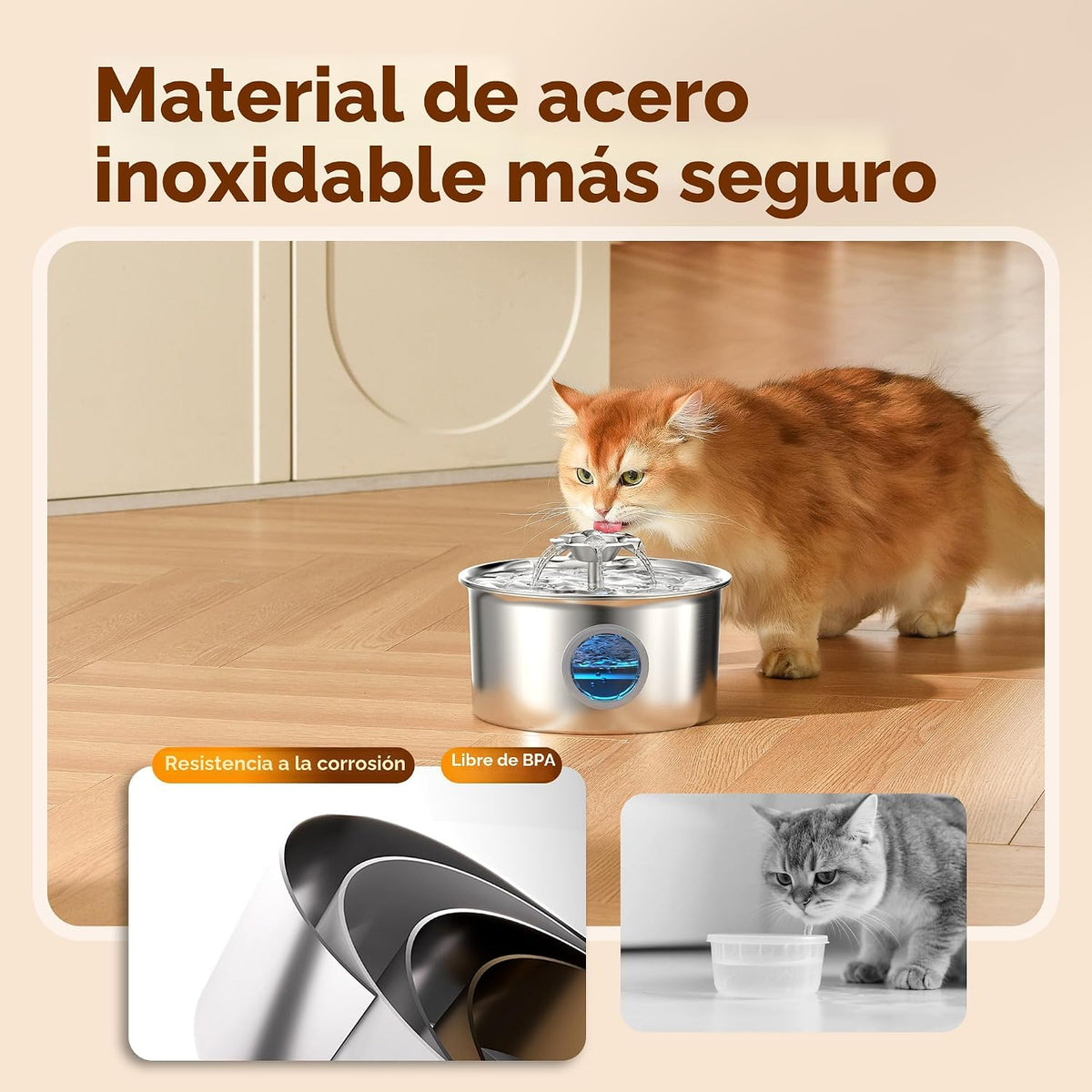 Fuente de agua para gatos de acero inoxidable: fuente para mascotas con 6 filtros y 3 esponjas