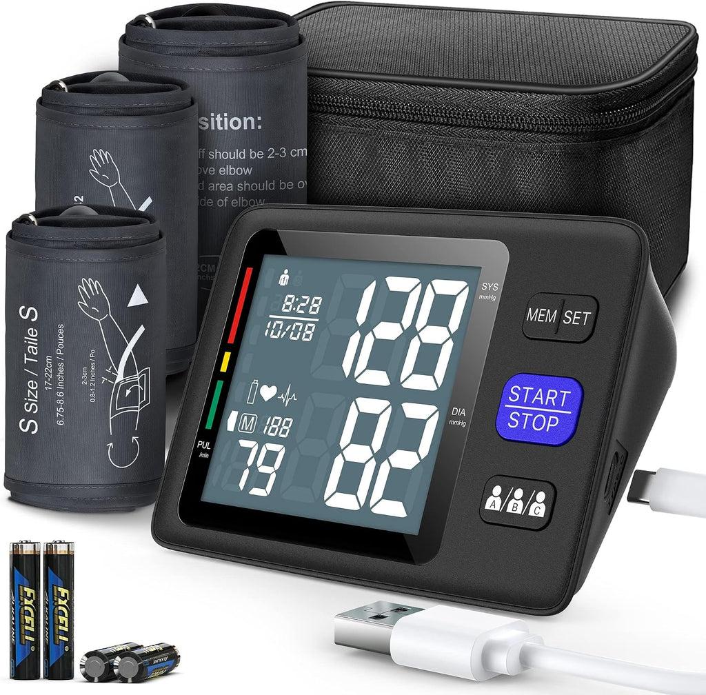 Tensiómetro de Brazo, 3 Tamaños de Brazaletes, S, M/L y XL, Pequeño 7"-9", Mediano/Grande 9"-17" y Brazalete Extra Grande 13"-21", Monitor Digital Automático Preciso de Presión Arterial, Pantalla LCD