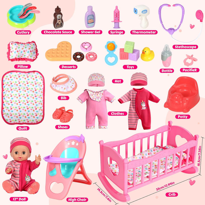 DRAMATION Juego de muñeca bebé de 12 pulgadas con cuna y silla alta...
