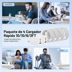 Carga rápida de 65 W para iPhone Duo 18 17 16 Pro Max, bloque de carga USB C de 3 puertos de 100 W y cable trenzado tipo C de 3/6/10/10 pies para iPhone 17 16 15 Pro/MacBook Air/iPhone 18 Pro/para