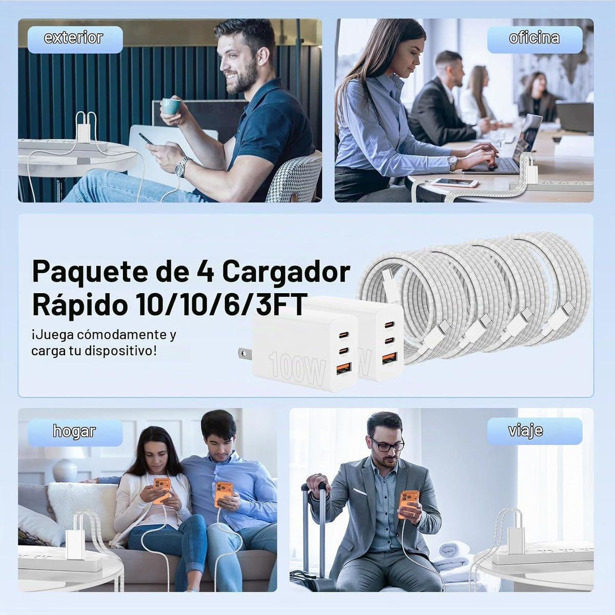 Carga rápida de 65 W para iPhone Duo 18 17 16 Pro Max, bloque de carga USB C de 3 puertos de 100 W y cable trenzado tipo C de 3/6/10/10 pies para iPhone 17 16 15 Pro/MacBook Air/iPhone 18 Pro/para