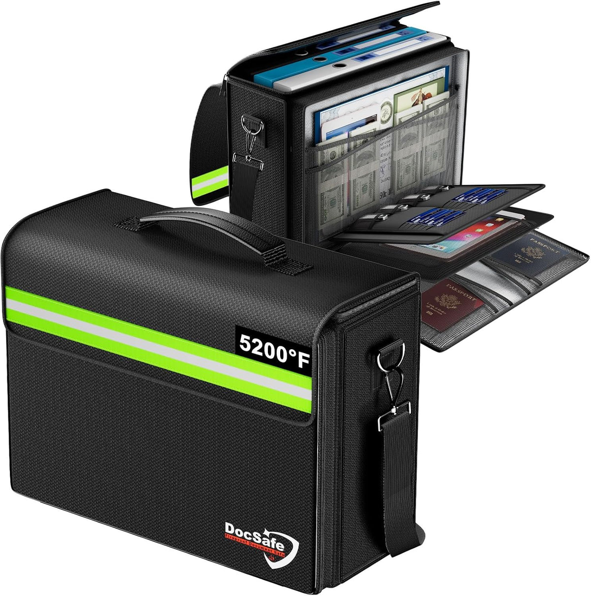 DocSafe Bolsa de documentos grande ignífuga y resistente al agua de 5200°F con múltiples bolsillos, organizador de almacenamiento de archivos de 17 x 12.5 x 7.2 pulgadas, soporte importante para documentos