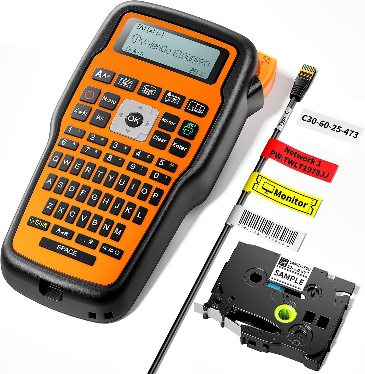 Máquina etiquetadora VolenGo con cinta, etiquetadora de encogimiento térmico impermeable, etiquetadora de cables de alambre, máquina etiquetadora E1000 con cinta de 12 mm, máquina etiquetadora
