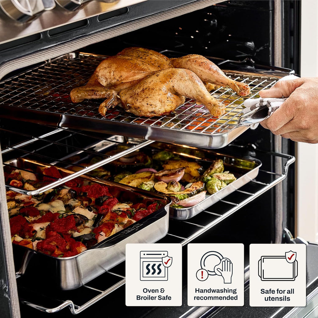All-Clad Bandeja cuadrada de acero inoxidable para hornear tartas de 8 x 8 pulgadas, triple capa unida para hornear consistente, (asar, hornear galletas, brownies y más) utensilios profesionales de