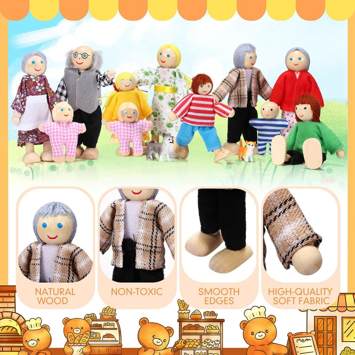 Juego de 20 piezas de casa de muñecas de madera, 16 mini figuras de personas, 4 mascotas, tradición