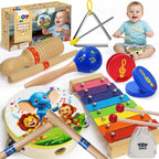 TOY Life Instrumentos musicales para niños pequeños, juguetes musicales para bebés de 1 a 3 años, juguetes de madera Montessori, juego de instrumentos de percusión con pandereta xilófono Maracas para niños de educación preescolar