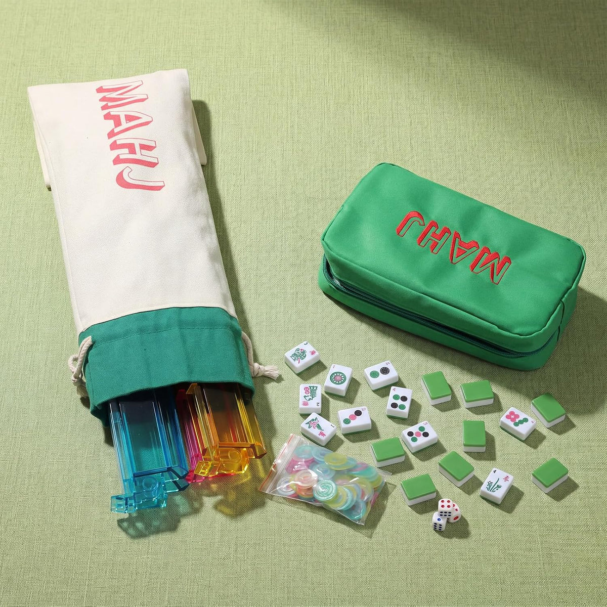 Ceenna American Mahjong - Juego de azulejos de Mahjong, 166 azulejos, 4 bastidores y empujadores todo en uno, juego completo de Mahjong occidental con bolsa de transporte (verde, lindo)