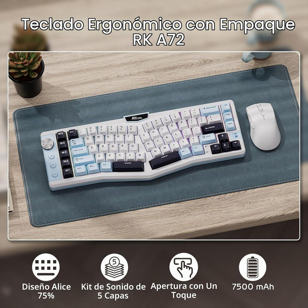 RK ROYAL KLUDGE Teclado mecánico inalámbrico ergonómico A72 Alice, Dividido