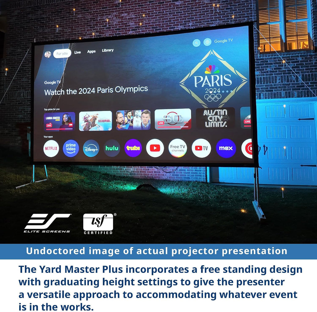 Elite Screens Yard Master Plus, pantalla portátil ajustable en altura de 145 pulgadas 16:9, pantalla de proyección para cine al aire libre y en interiores, 4K HD, proyección frontal, empresa con sede