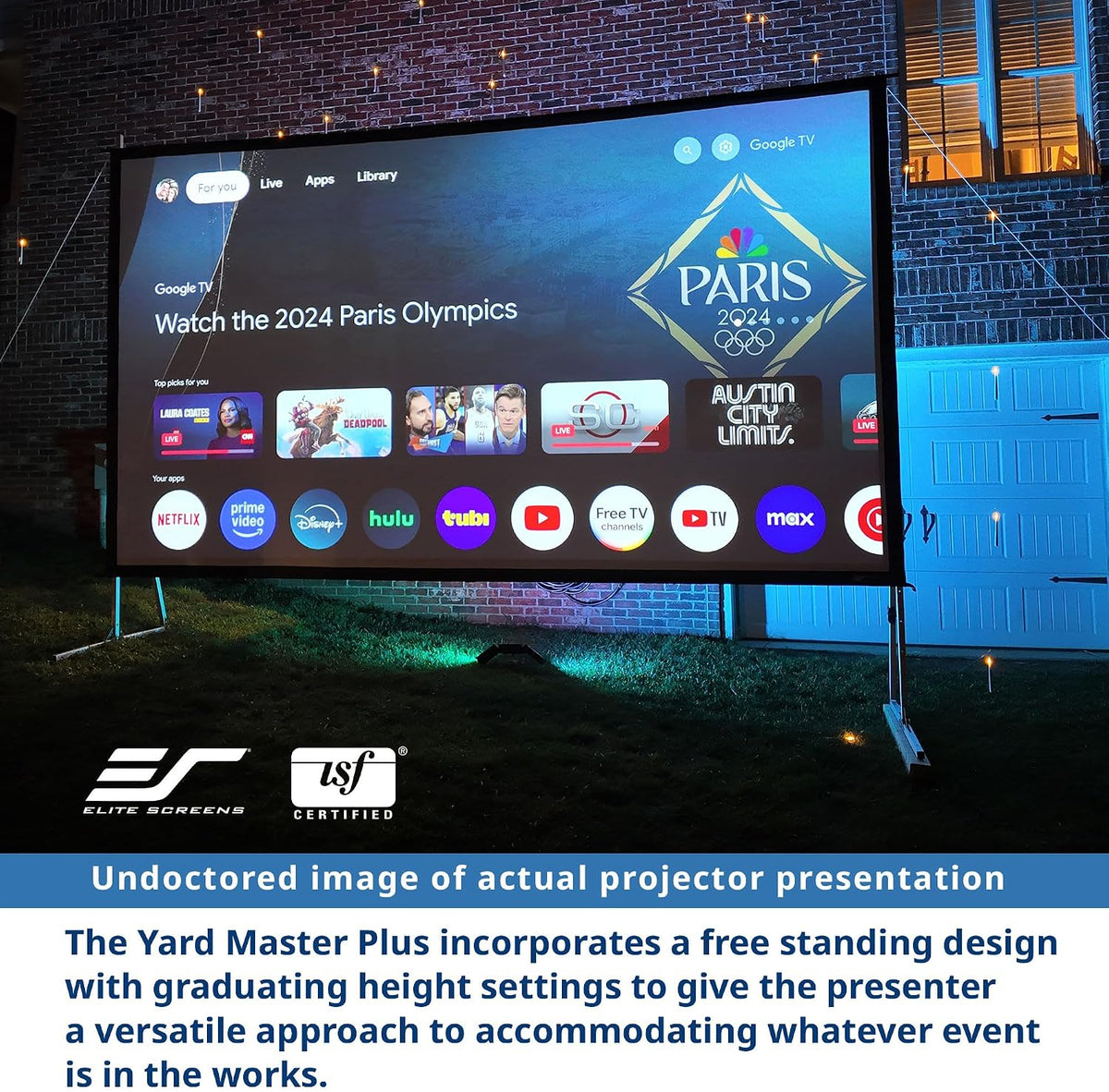 Elite Screens Yard Master Plus, pantalla portátil ajustable en altura de 145 pulgadas 16:9, pantalla de proyección para cine al aire libre y en interiores, 4K HD, proyección frontal, empresa con sede