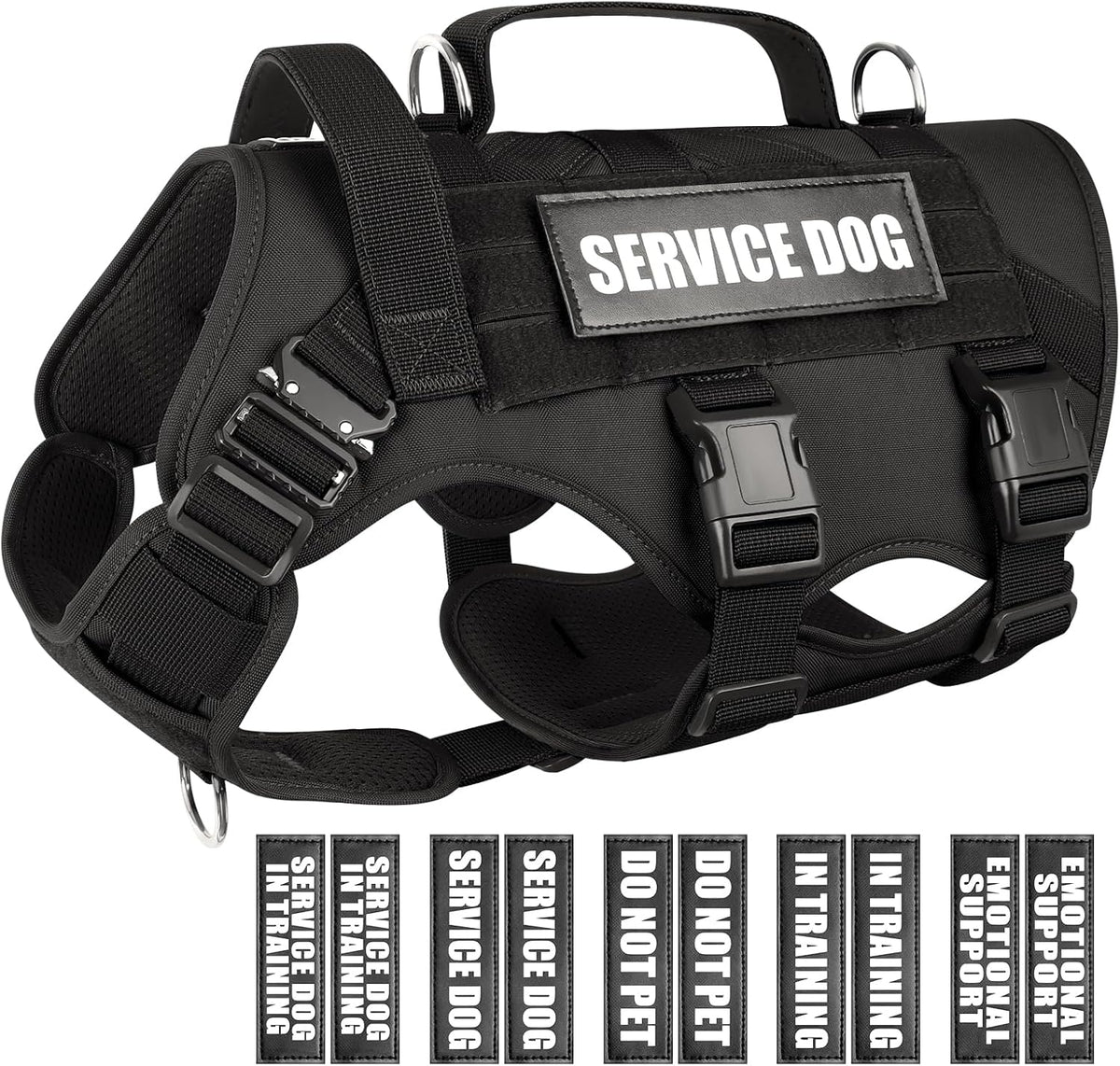 Arnés de chaleco de servicio para perros grandes, chaleco táctico MOLLE de trabajo con 10 parches para mascotas, arnés resistente sin tirones para entrenar y caminar