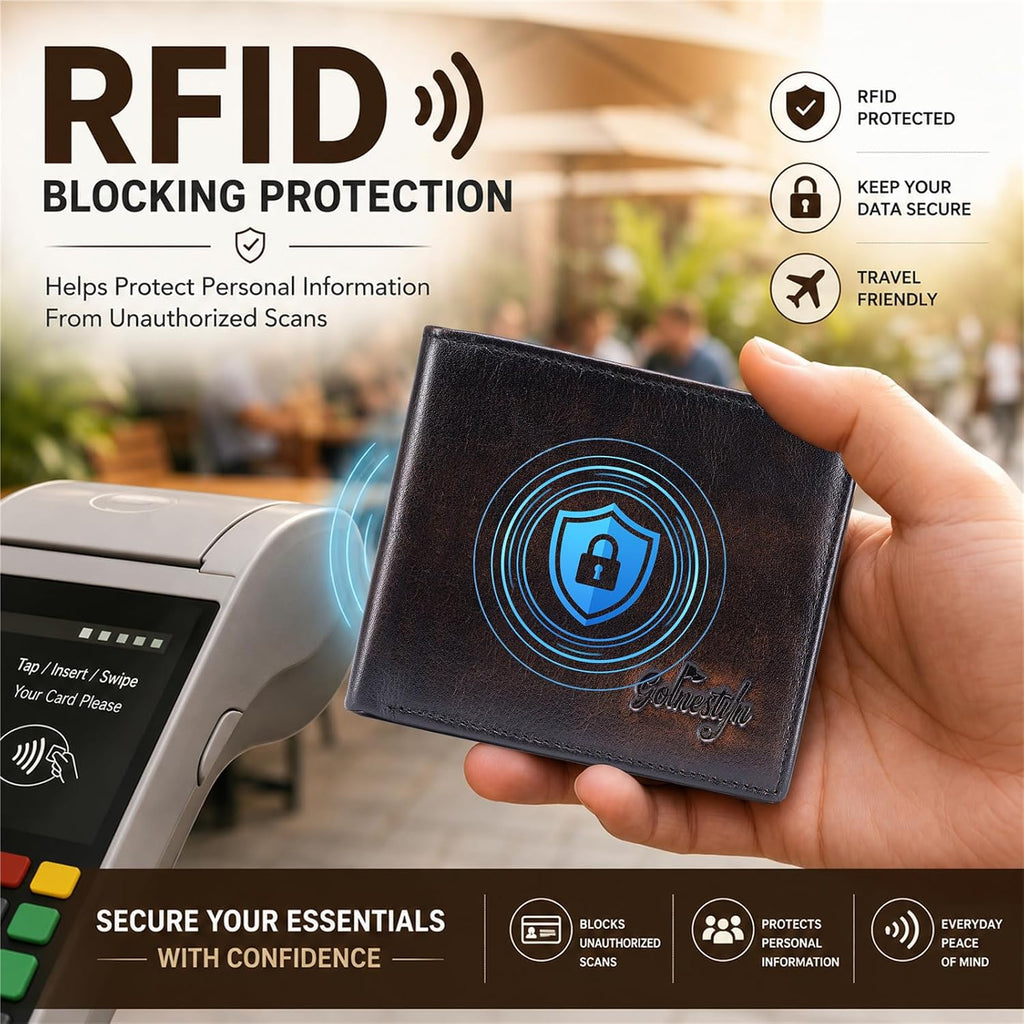 Cartera plegable de cuero de grano superior para hombre, con bloqueo RFID, gran capacidad, espaciosa, 9 ranuras para tarjetas, 2 ventanas para identificación, 2 bolsillos para efectivo
