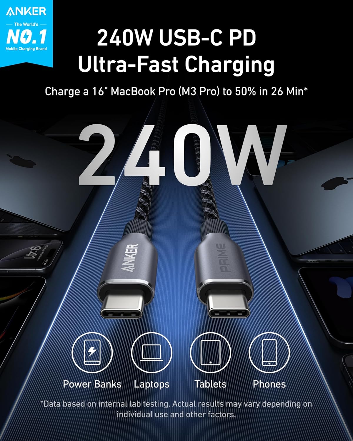 Anker Prime cable USB-C a USB-C, carga rápida de 240W, cable duradero (1 ft)
