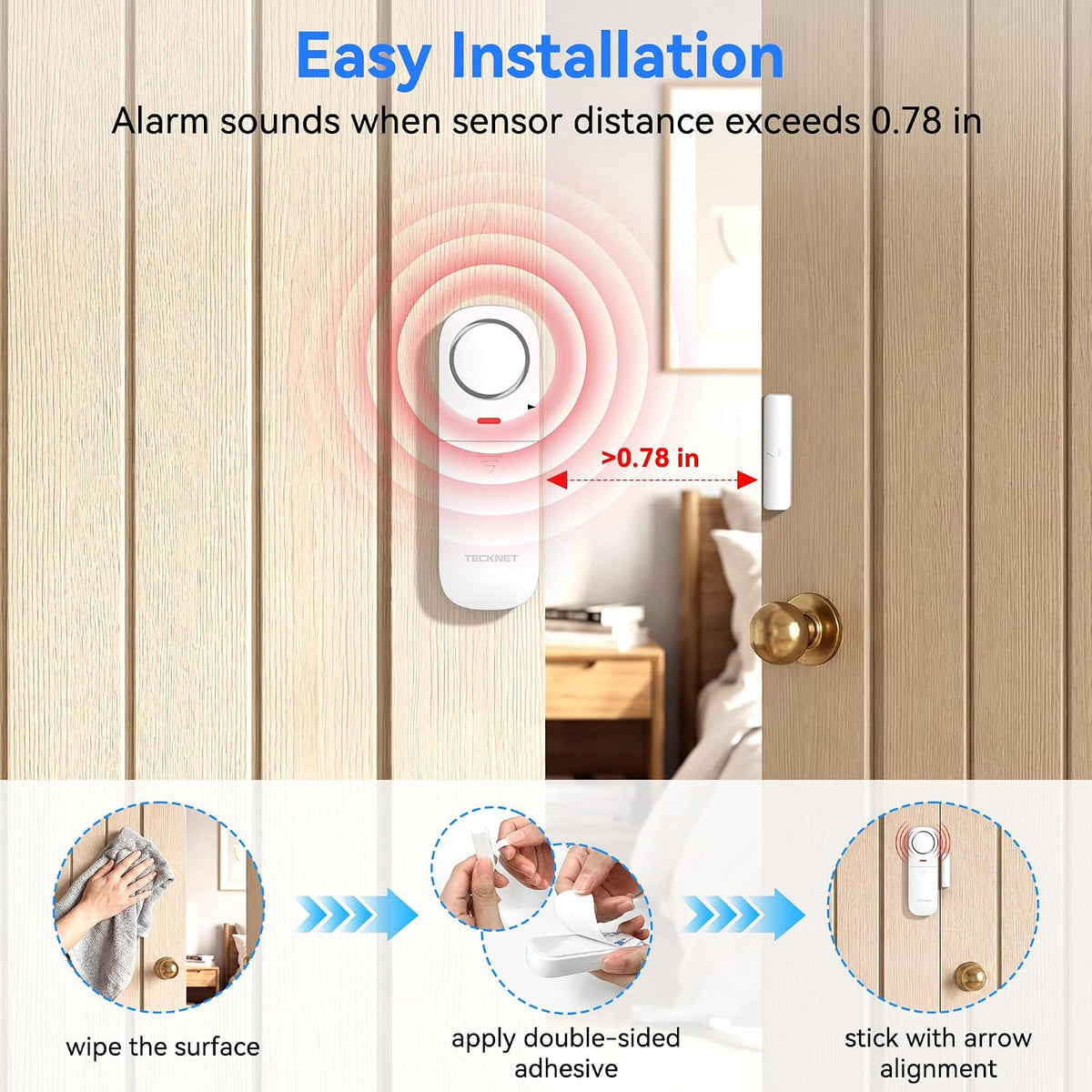 TECKNET Alarmas de puerta cuando se abre, alarma con sensor de puerta inteligente WiFi de 2.4 G y timbre, alertas de aplicación, alarmas de puerta para seguridad de los niños