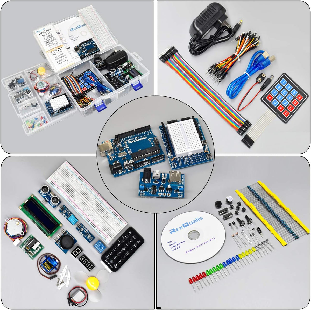 Kit de inicio súper REXQualis basado en Arduino UNO R3 con tutorial y placa