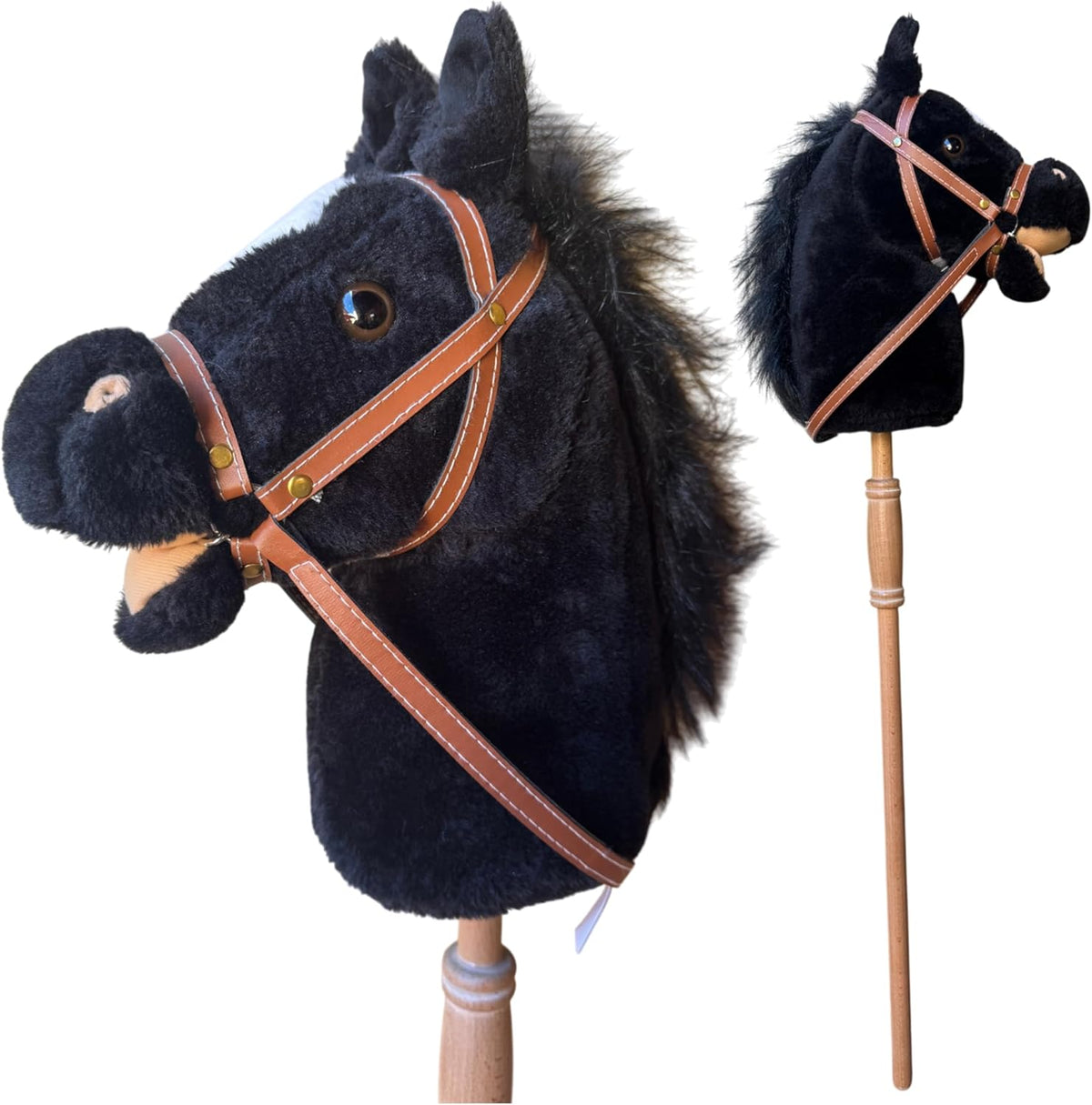 Nature Bound Caballo de palo | Caballo en un palo con efectos de sonido – Poni de peluche hecho a mano para niños pequeños y niños | Mango de madera resistente cosido a mano | Juguete de caballo de juego de simulación (negro)