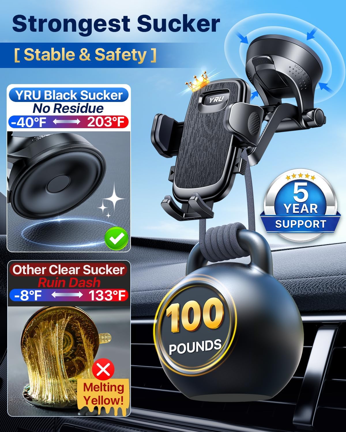 YRU 2026 【100+LBS Succión y brazo flexible de bajo perfil】 Soporte para