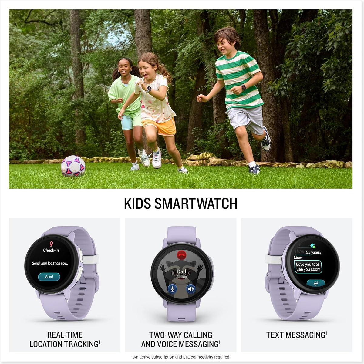 Garmin Bounce™ 2, reloj inteligente para niños con funciones de llamadas, mensajes y seguimiento de ubicación, morado claro