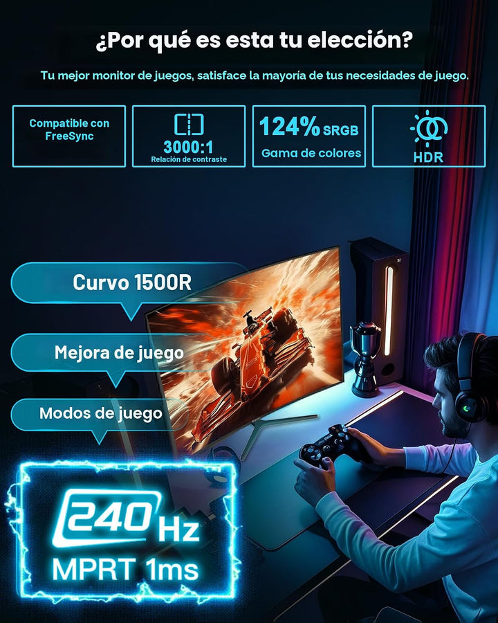 SANSUI Monitor de juegos curvo de 24 pulgadas 240Hz FHD 1080P, moni...