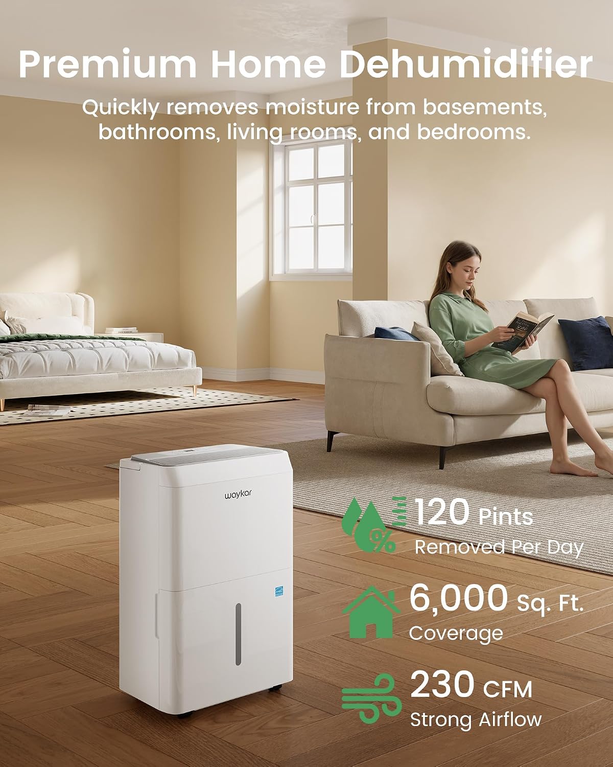 Waykar Deshumidificador Energy Star de 6000 pies cuadrados para sótano y