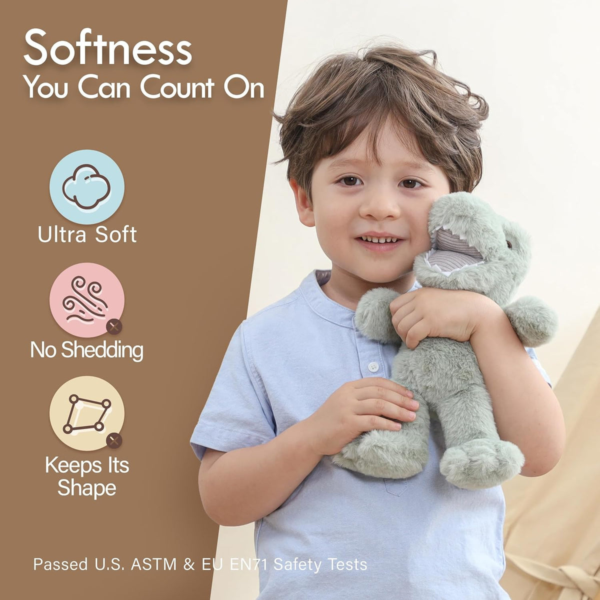 Moonkie Hug & Go - Mochila de dinosaurio para niños, bolsa de felpa suave con juguete para llevar para niños de 2 a 4 años, ideal para guardería, viajes y regalos de cumpleaños