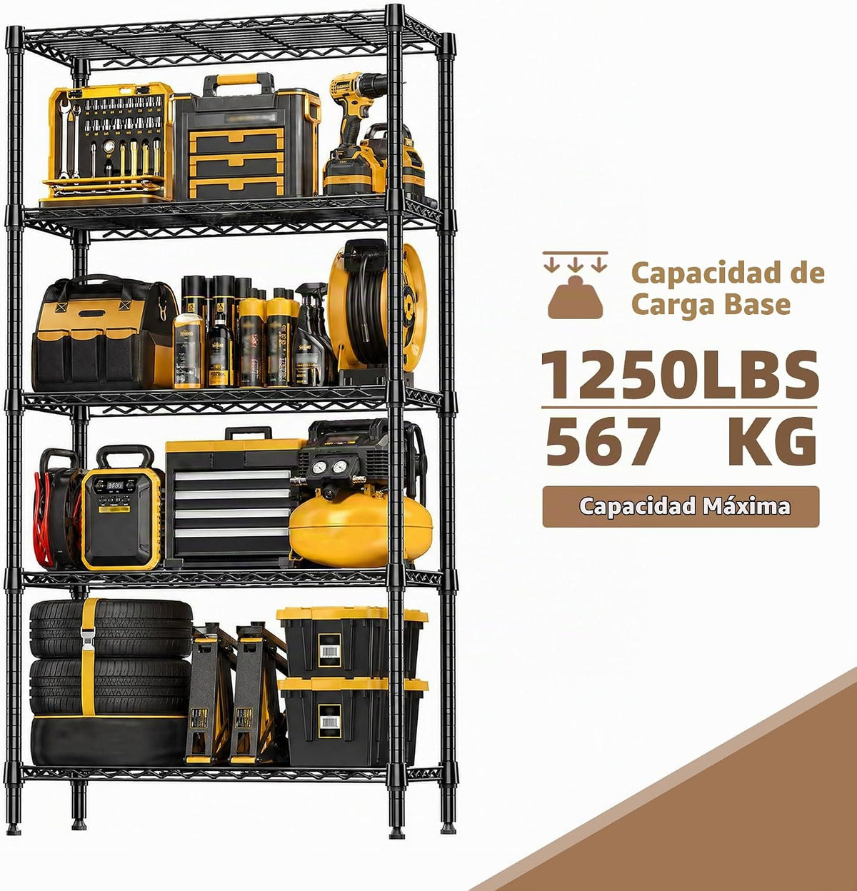 M MZG Estantería de garaje resistente con 5 estantes, estante de almacenamiento ajustable para cocina, lavandería, baño, despensa, capacidad de 1250 libras, color negro, 13.8 x 35.5 x 68.6 pulgadas