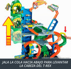 Hot Wheels Juego de pistas de autos de juguete, garaje City Ultimate T-Rex con Dino Nemesis, vehículos fundidos a presión a escala 2 1:64 y almacenamiento para mayores de 50 años, desafío de carreras