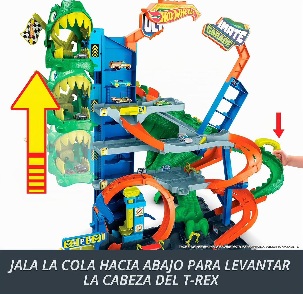 Hot Wheels Juego de pistas de autos de juguete, garaje City Ultimate T-Rex con Dino Nemesis, vehículos fundidos a presión a escala 2 1:64 y almacenamiento para mayores de 50 años, desafío de carreras