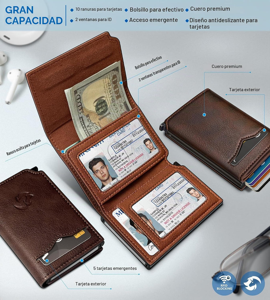 Cartera para hombre, tarjetero desplegable delgado con bloqueo RFID, billetera triple minimalista con 10 ranuras para tarjetas, bolsillo para efectivo y 2 ventanas para identificación, funda
