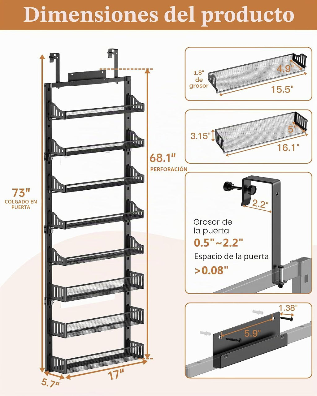 Organizador de Despensa de 8 Niveles Sobre la Puerta, Estante Grande de Metal para Especias en Puerta con Canasta Ajustable, 2 en 1 Montaje en Pared o Colgante de Servicio Pesado Estante de