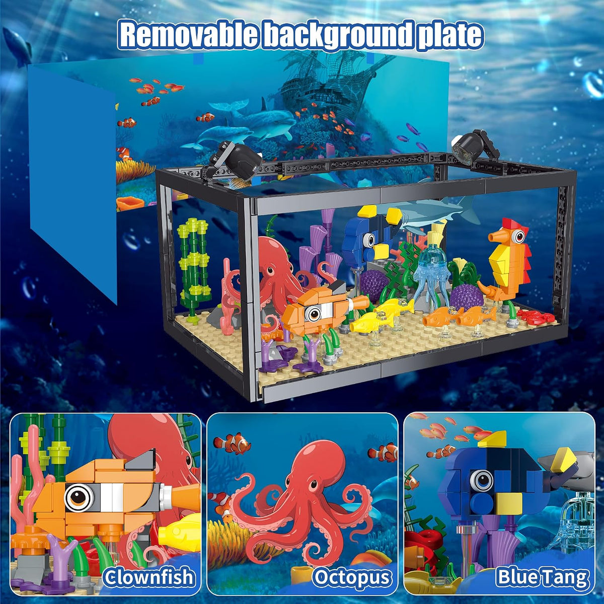 Juego de construcción de pecera 8 en 1, bloque de construcción de acuario marino con luz LED, recuerdos de fiesta, 9 modelos de juguete que incluye cangrejo de pulpo, regalos de cumpleaños de Navidad para niños y niñas de 6, 8, 10, 12 años en adelante