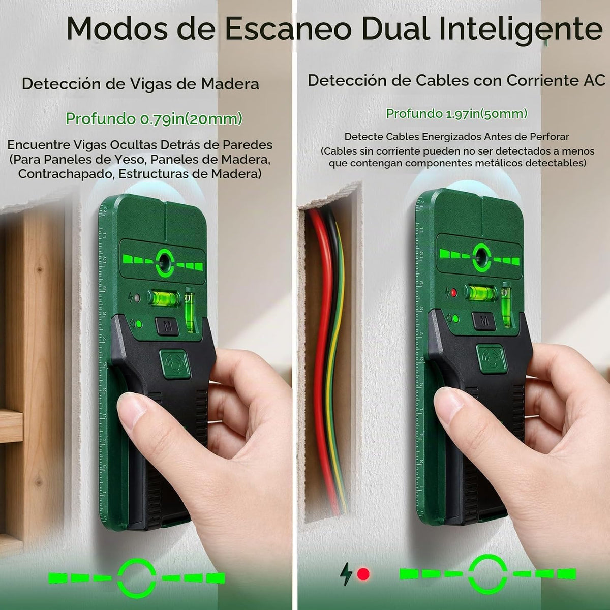 Escáner de pared con buscador de pernos, buscador de pernos 6 en 1 con láser de línea cruzada, detecta pernos de madera y cables de CA vivos, niveles de burbuja duales, regla integrada para
