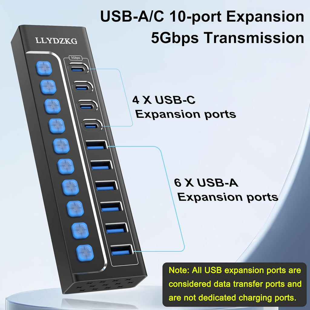 LLYDZKG, LLY-U801, hub USB 3.0 de 10 puertos, alimentado, adaptador 12V/3A